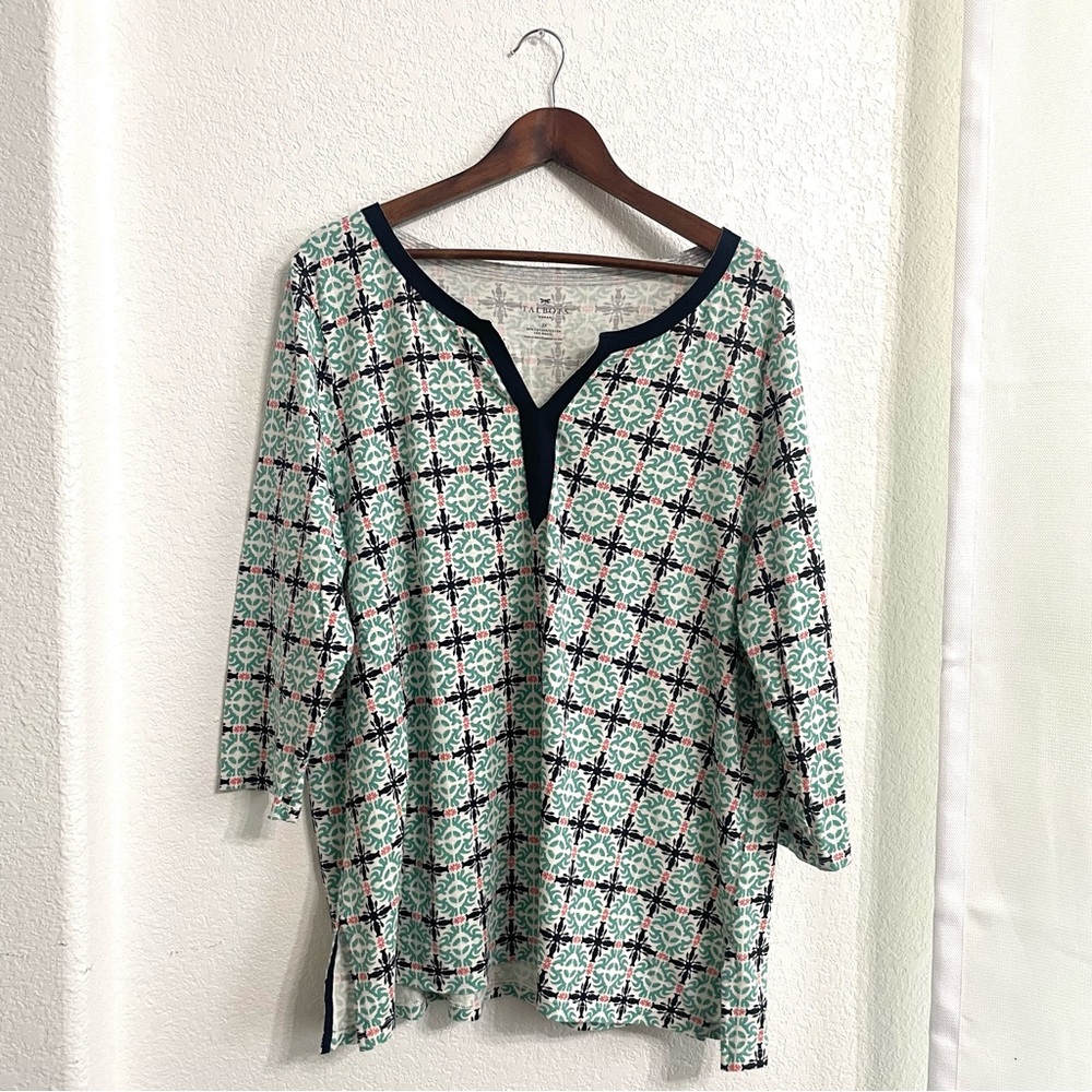 Talbots Womens Shirt Tunic Blue Green Tile Print 3/4 Sleeve Plus Size 2X